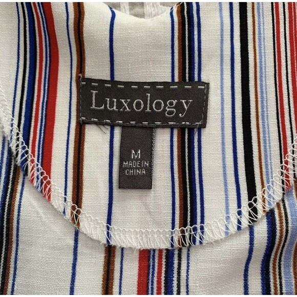 Luxology Blouse Women Medium Multicolor Red White Blue Vertical Stripe Tie Comfy - Picture 3 of 10